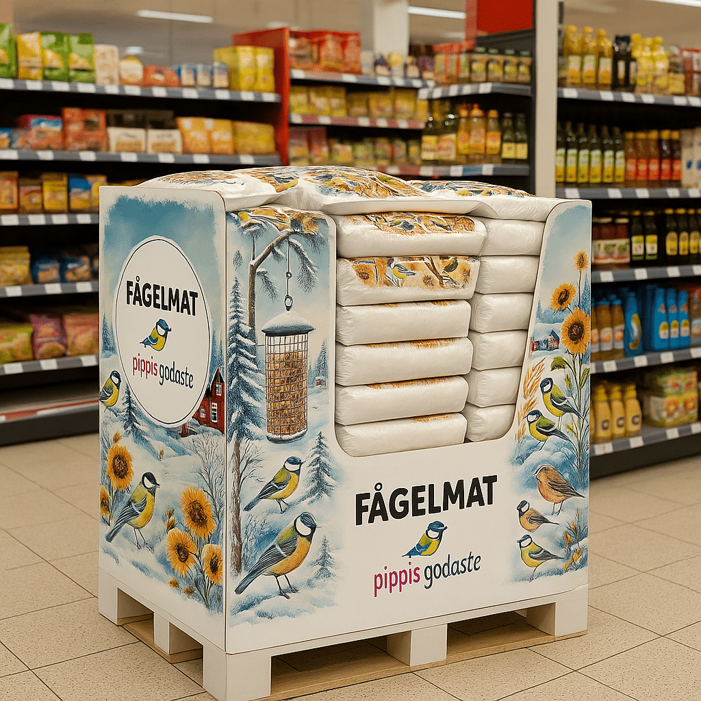 Grossistförsäljning av vildfågelmat, displaypall i butiksmiljö